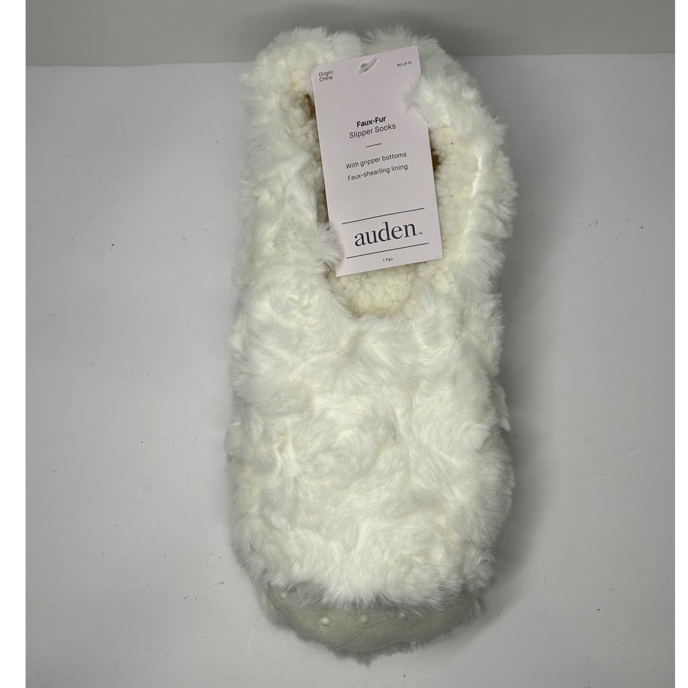 Auden Womens Faux Fur Slipper Socks Ivory M/L 8/10 Gripper Bottoms Cozy New